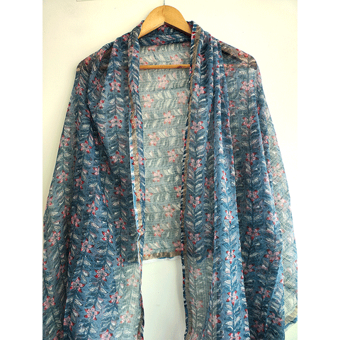 Kota Doria Hand Block Printed Duptta(Blue)