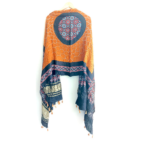 Soothing Faded Orange Modal Silk Dupatta with Ajrak Bandhani Elegance