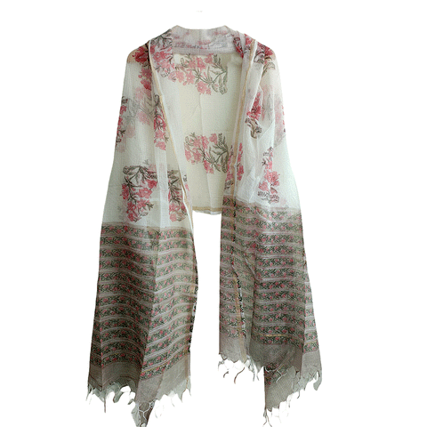 Kota Doria Hand Block Printed Duptta(White and Pink colour )