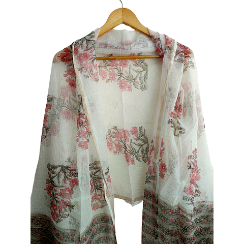 Kota Doria Hand Block Printed Duptta(White and Pink colour )