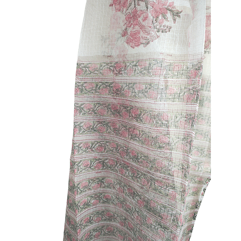 Kota Doria Hand Block Printed Duptta(White and Pink colour )