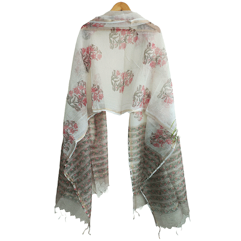 Kota Doria Hand Block Printed Duptta(White and Pink colour )