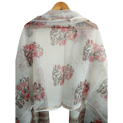 Kota Doria Hand Block Printed Duptta(White and Pink colour )