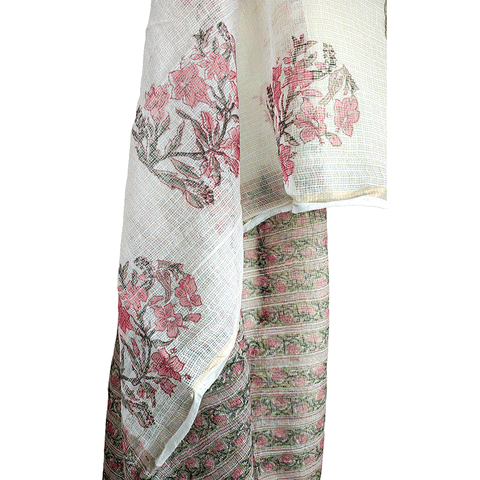 Kota Doria Hand Block Printed Duptta(White and Pink colour )