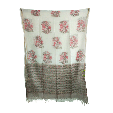 Kota Doria Hand Block Printed Duptta(White and Pink colour )