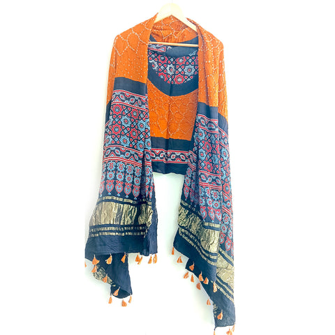 Soothing Faded Orange Modal Silk Dupatta with Ajrak Bandhani Elegance