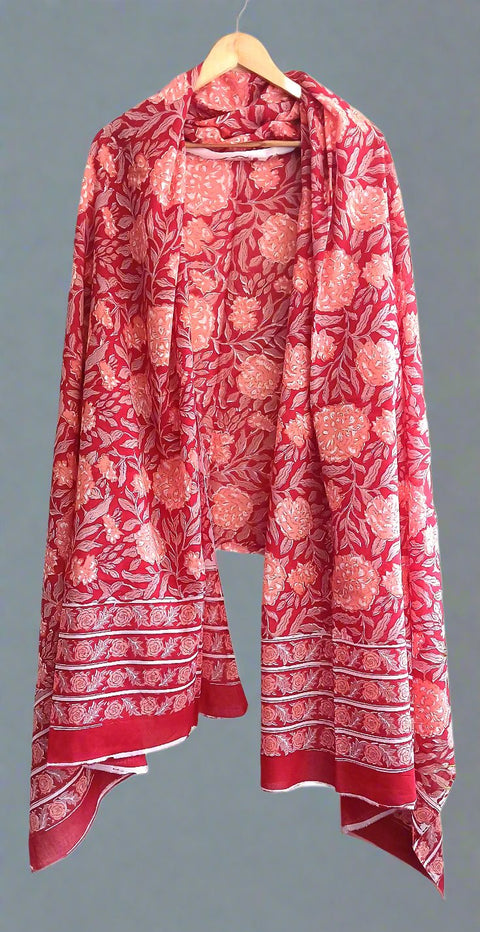 Baagru Hand Block Printed Cotton Mulmul Red Color Dupatta 115X225 Cm