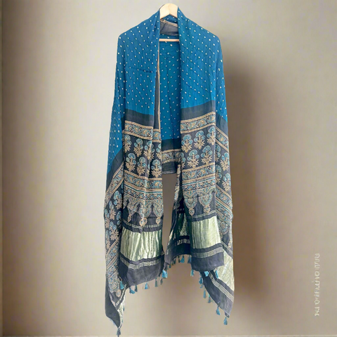 Azure Beauty: Modal Silk Dupatta Adorned with Ajrak Bandhani Masterpiece