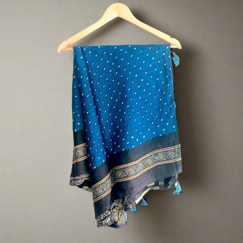 Azure Beauty: Modal Silk Dupatta Adorned with Ajrak Bandhani Masterpiece