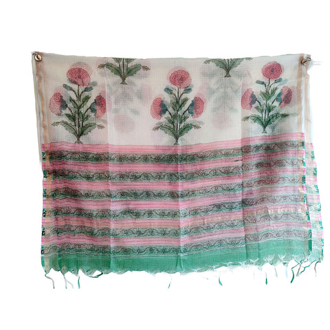 Kota Doria Cotton Silk White Base and Pink Floral Hand Block Printed Duptta