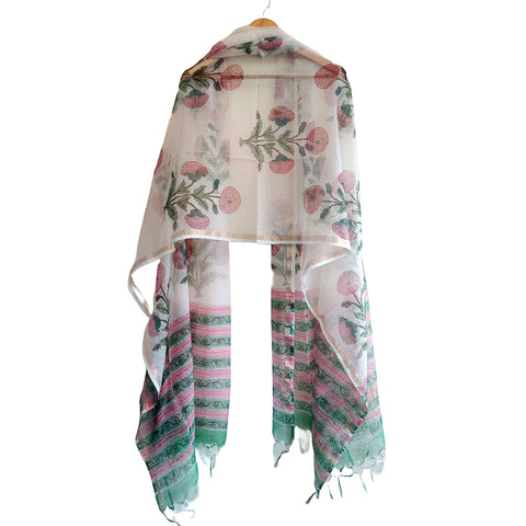 Kota Doria Cotton Silk White Base and Pink Floral Hand Block Printed Duptta