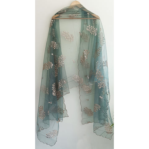 India Scarve's Net Cut Goldan Embroidered Floral Design Green Dupatta