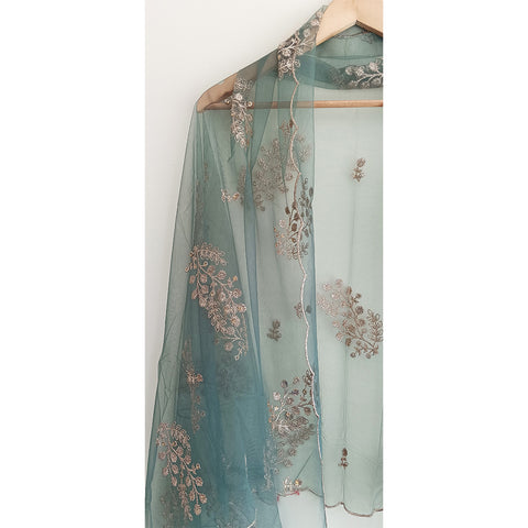 India Scarve's Net Cut Goldan Embroidered Floral Design Green Dupatta