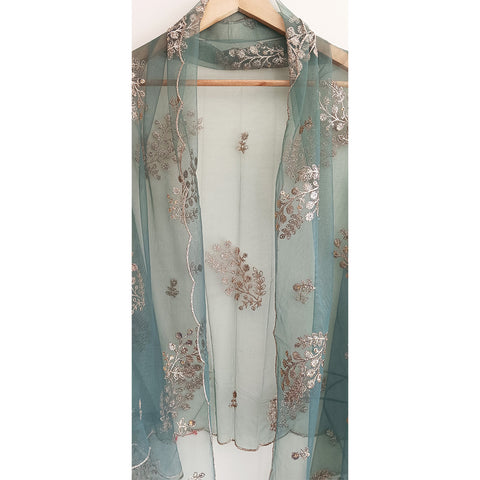 India Scarve's Net Cut Goldan Embroidered Floral Design Green Dupatta