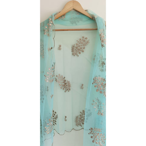 India Scarve's Net Cut Goldan Embroidered Floral Design Green Dupatta