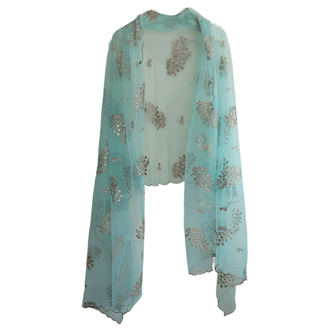 India Scarve's Net Cut Goldan Embroidered Floral Design Green Dupatta