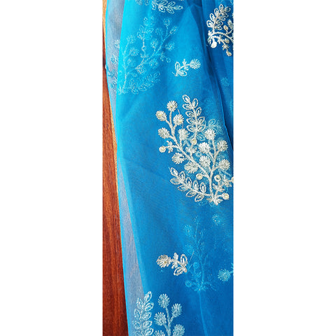 India Scarve's Net Cut Goldan Embroidered Floral Design Dark Blue Dupatta