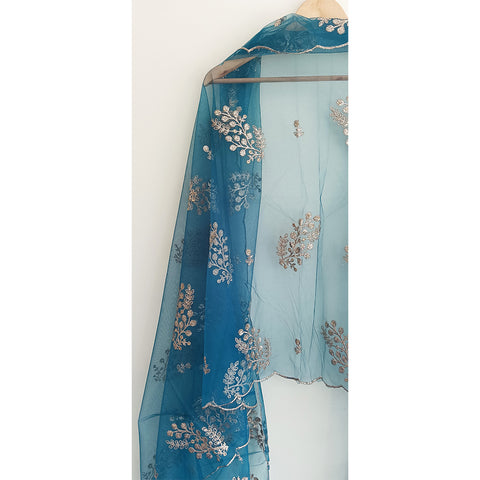 India Scarve's Net Cut Goldan Embroidered Floral Design Dark Blue Dupatta