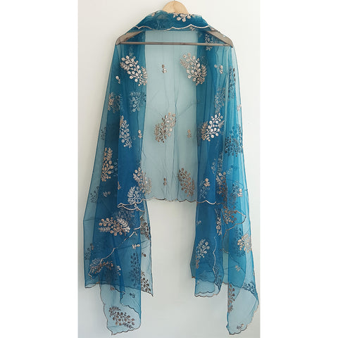 India Scarve's Net Cut Goldan Embroidered Floral Design Dark Blue Dupatta