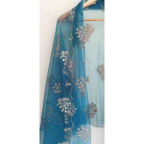 India Scarve's Net Cut Goldan Embroidered Floral Design Dark Blue Dupatta