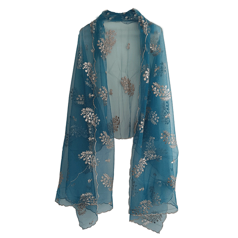 India Scarve's Net Cut Goldan Embroidered Floral Design Dark Blue Dupatta