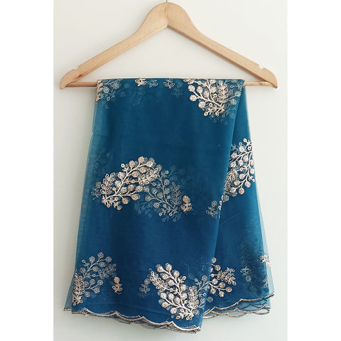 India Scarve's Net Cut Goldan Embroidered Floral Design Dark Blue Dupatta