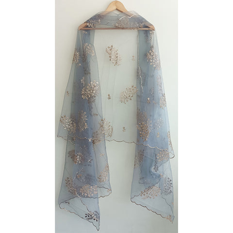 India Scarve's Net Cut Goldan Embroidered Floral Design Dark Blue Dupatta