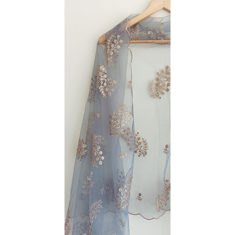 India Scarve's Net Cut Goldan Embroidered Floral Design Dark Blue Dupatta