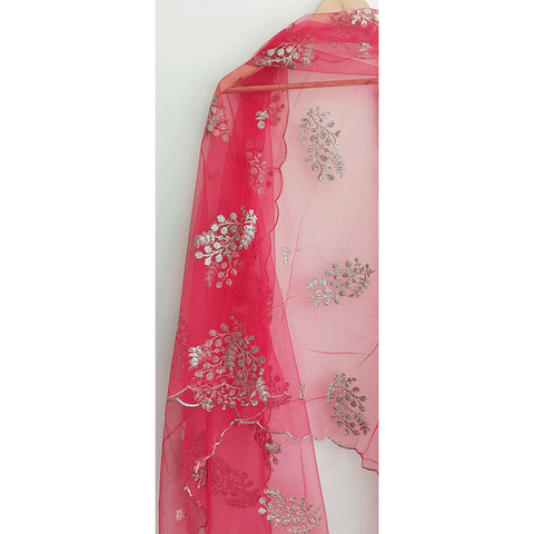 India Scarve's Net Cut Goldan Embroidered Floral Design  Dupatta