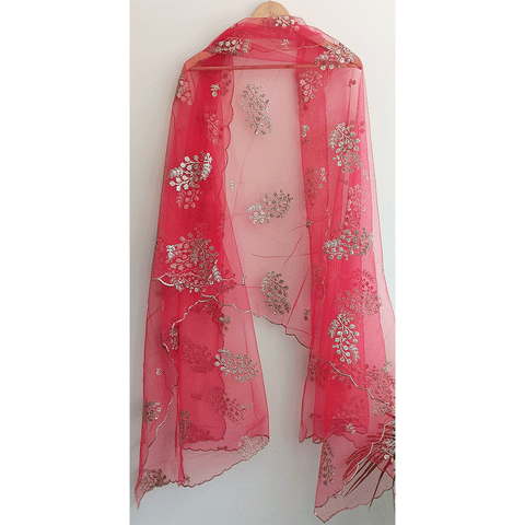 India Scarve's Net Cut Goldan Embroidered Floral Design  Dupatta