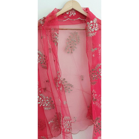 India Scarve's Net Cut Goldan Embroidered Floral Design  Dupatta