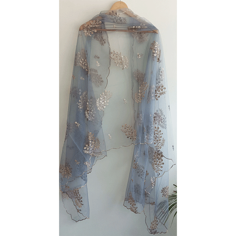 India Scarve's Net Cut Goldan Embroidered Floral Design  Dupatta