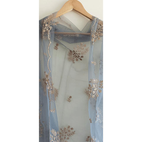 India Scarve's Net Cut Goldan Embroidered Floral Design  Dupatta