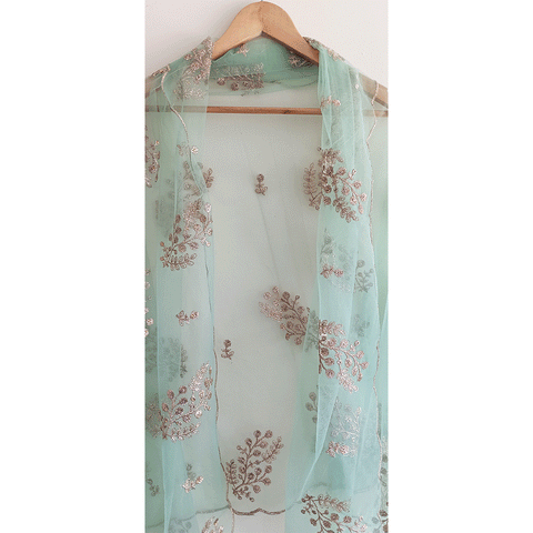 India Scarve's Net Cut Goldan Embroidered Floral Design  Dupatta