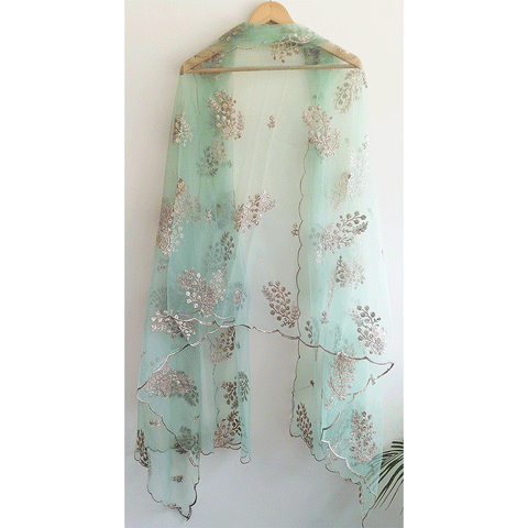 India Scarve's Net Cut Goldan Embroidered Floral Design  Dupatta