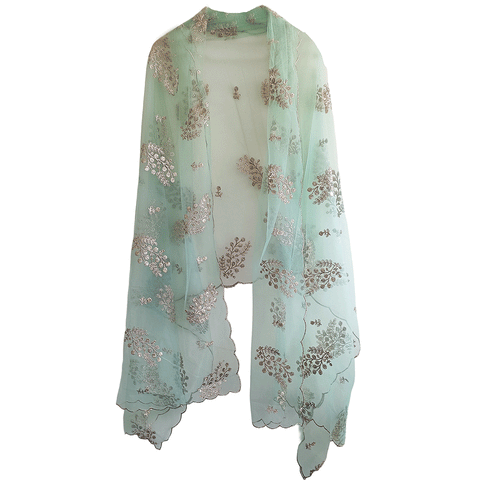 India Scarve's Net Cut Goldan Embroidered Floral Design  Dupatta