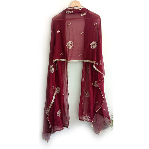 India Scarves Pure Najmin  Stole Maroon Dupatta with Golden Embroidery 220X100…