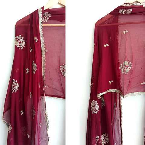 India Scarves Pure Najmin  Stole Maroon Dupatta with Golden Embroidery 220X100…