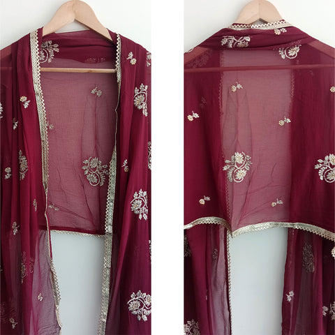 India Scarves Pure Najmin  Stole Maroon Dupatta with Golden Embroidery 220X100…