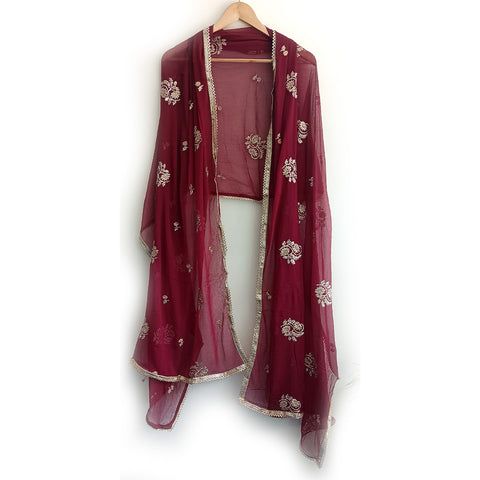 India Scarves Pure Najmin  Stole Maroon Dupatta with Golden Embroidery 220X100…