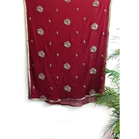 India Scarves Pure Najmin  Stole Maroon Dupatta with Golden Embroidery 220X100…