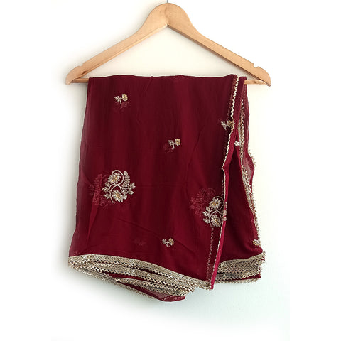 India Scarves Pure Najmin  Stole Maroon Dupatta with Golden Embroidery 220X100…