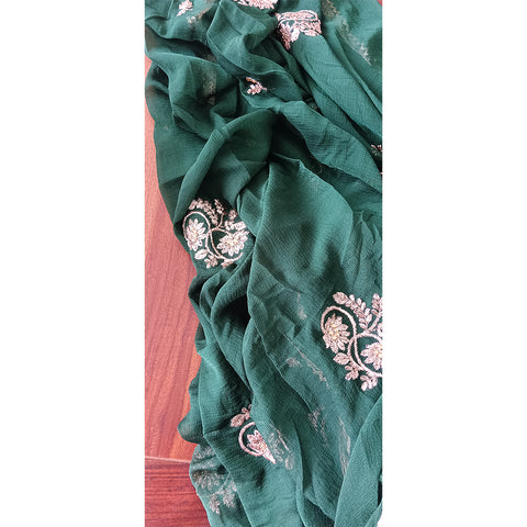 India Scarves Pure Najmin  Stole Dark Green Dupatta with Golden Embroidery 220X100…