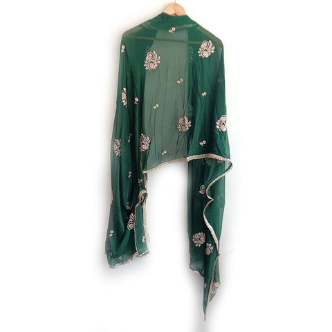 India Scarves Pure Najmin  Stole Dark Green Dupatta with Golden Embroidery 220X100…