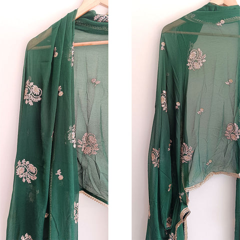 India Scarves Pure Najmin  Stole Dark Green Dupatta with Golden Embroidery 220X100…