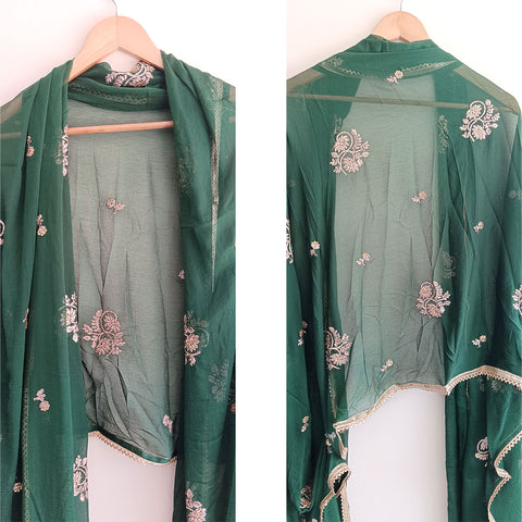 India Scarves Pure Najmin  Stole Dark Green Dupatta with Golden Embroidery 220X100…