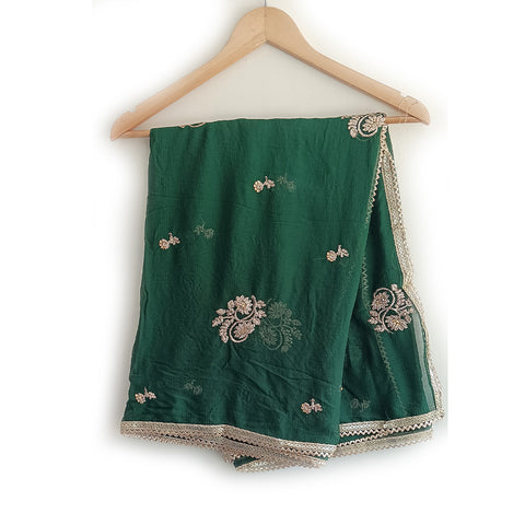 India Scarves Pure Najmin  Stole Dark Green Dupatta with Golden Embroidery 220X100…