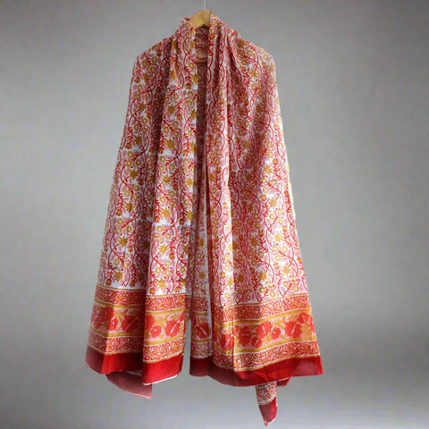 Baagru Hand Block Printed Cotton Mulmul Orange Color Dupatta 115X225 Cm