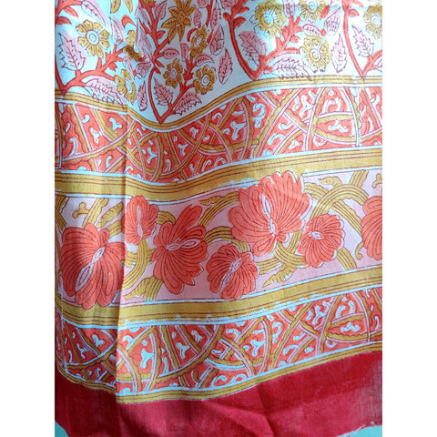 Baagru Hand Block Printed Cotton Mulmul Orange Color Dupatta 115X225 Cm