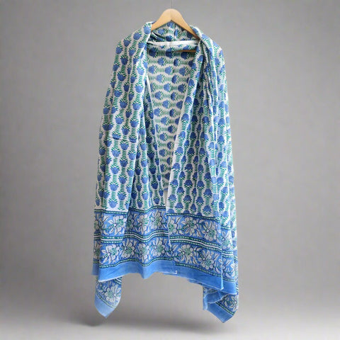 Baagru Hand Block Printed Cotton Mulmul Dupatta Blue Color 115X225 Cm